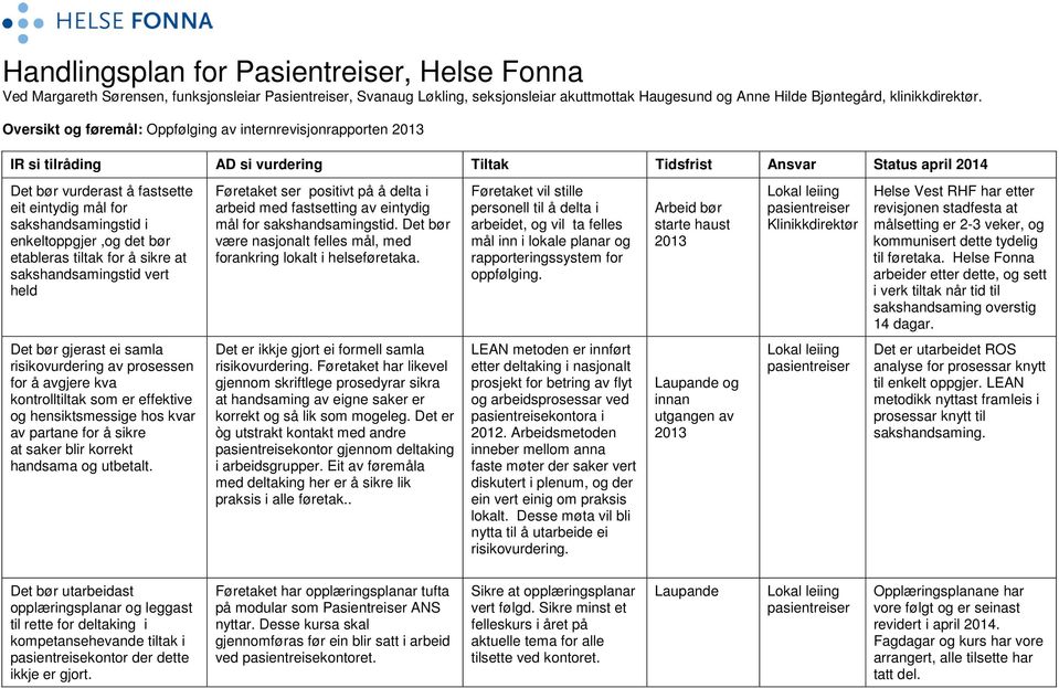 sakshandsamingstid i enkeltoppgjer,og det bør etableras tiltak for å sikre at sakshandsamingstid vert held Føretaket ser positivt på å delta i arbeid med fastsetting av eintydig mål for