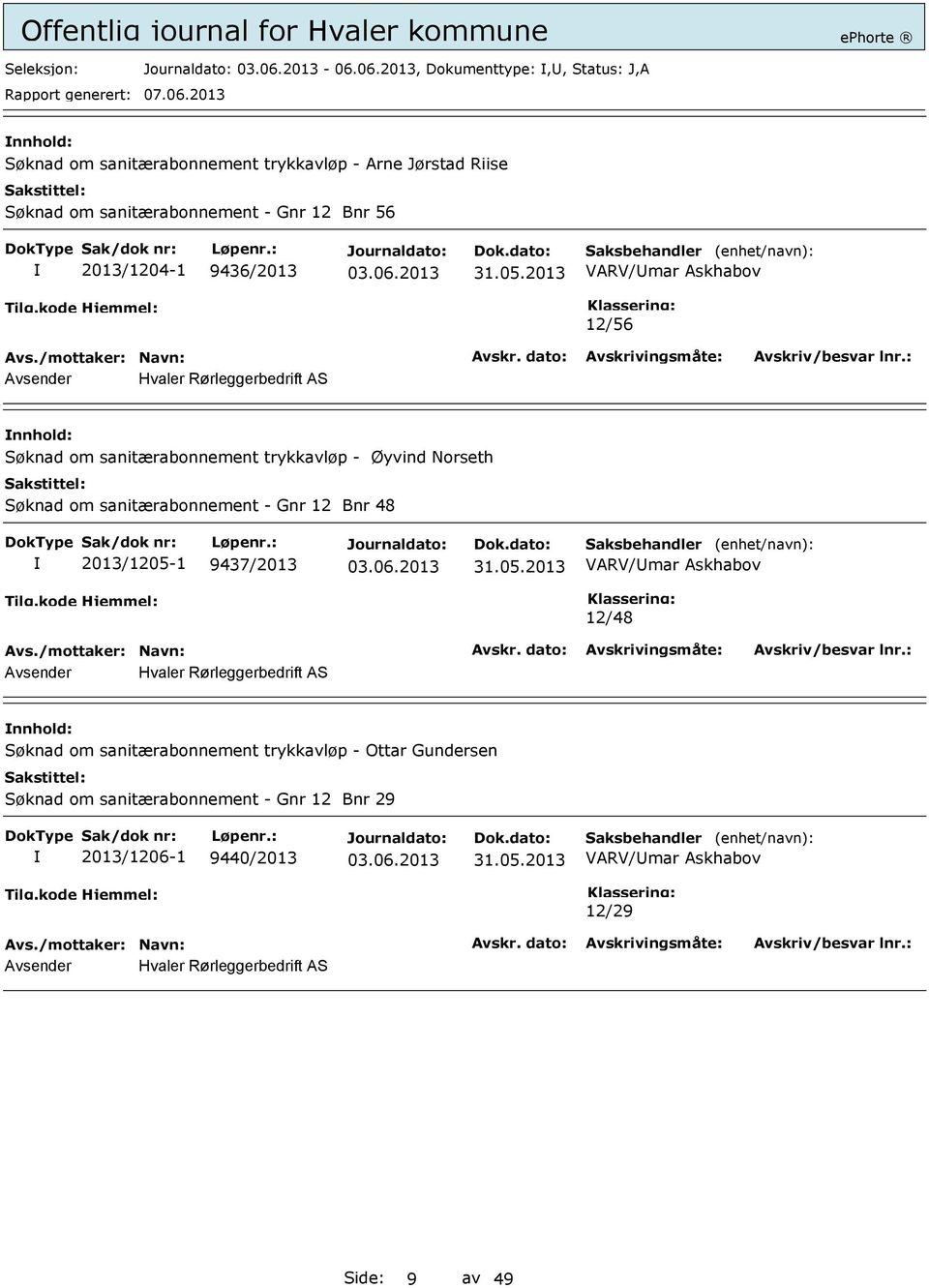 Søknad om sanitærabonnement - Gnr 12 Bnr 48 2013/1205-1 9437/2013 VARV/mar Askhabov 12/48 Søknad om sanitærabonnement