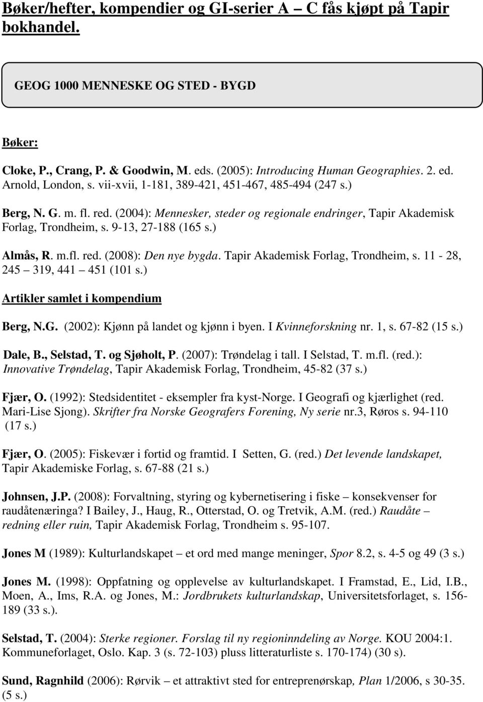 Tapir Akademisk Forlag, Trondheim, s. 11-28, 245 319, 441 451 (101 s.) Artikler samlet i kompendium Berg, N.G. (2002): Kjønn på landet og kjønn i byen. I Kvinneforskning nr. 1, s. 67-82 (15 s.