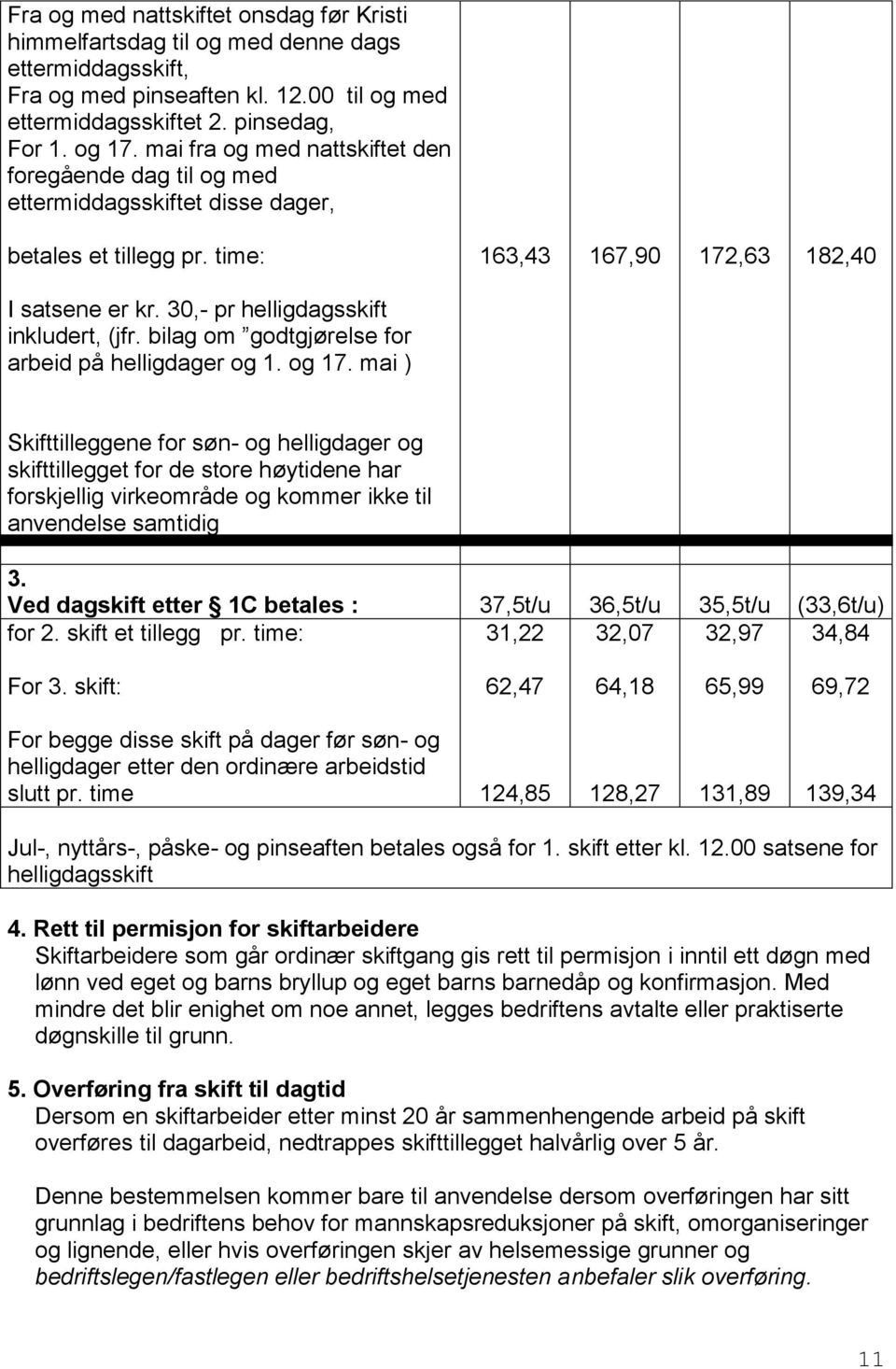 30,- pr helligdagsskift inkludert, (jfr. bilag om godtgjørelse for arbeid på helligdager og 1. og 17.