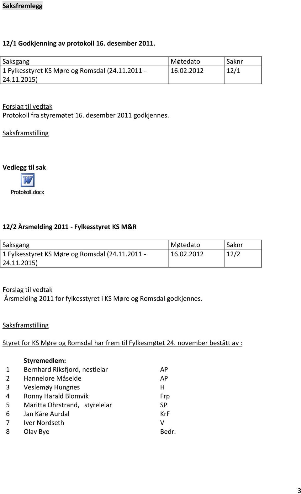 2012 12/2 24.11.2015) Forslag til vedtak Årsmelding 2011 for fylkesstyret i KS Møre og Romsdal godkjennes. Saksframstilling Styret for KS Møre og Romsdal har frem til Fylkesmøtet 24.