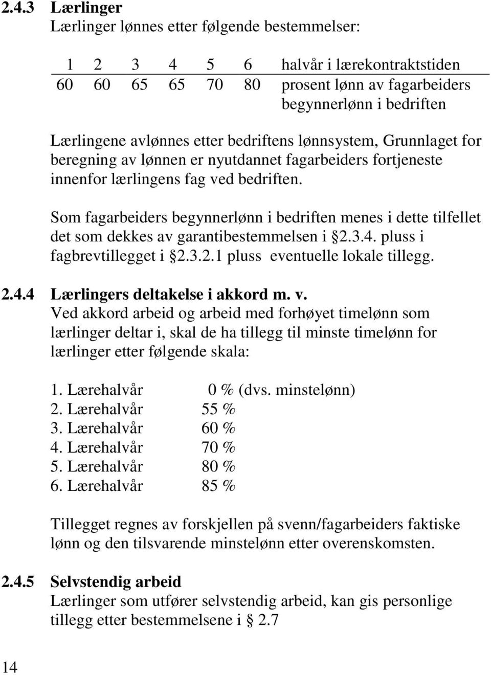 Som fagarbeiders begynnerlønn i bedriften menes i dette tilfellet det som dekkes av garantibestemmelsen i 2.3.4. pluss i fagbrevtillegget i 2.3.2.1 pluss eventuelle lokale tillegg. 2.4.4 Lærlingers deltakelse i akkord m.