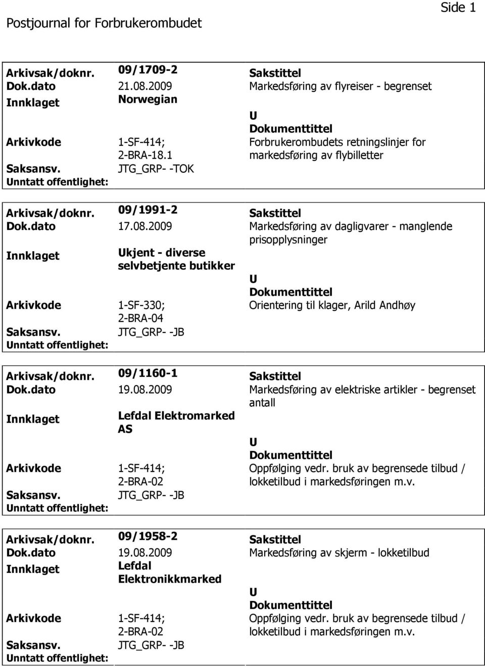 2009 Markedsføring av dagligvarer - manglende prisopplysninger nnklaget kjent - diverse selvbetjente butikker 1-SF-330; 2-BRA-04 Orientering til klager, Arild Andhøy JTG_GRP- -JB Arkivsak/doknr.