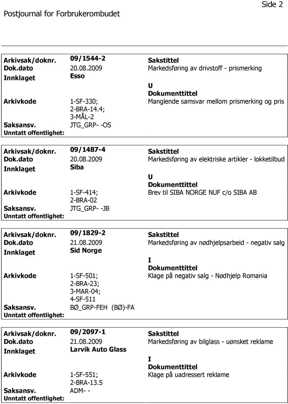 2009 Markedsføring av elektriske artikler - lokketilbud nnklaget Siba 1-SF-414; 2-BRA-02 Brev til SBA NORGE NF c/o SBA AB JTG_GRP- -JB Arkivsak/doknr. 09/1829-2 Sakstittel Dok.dato 21.08.