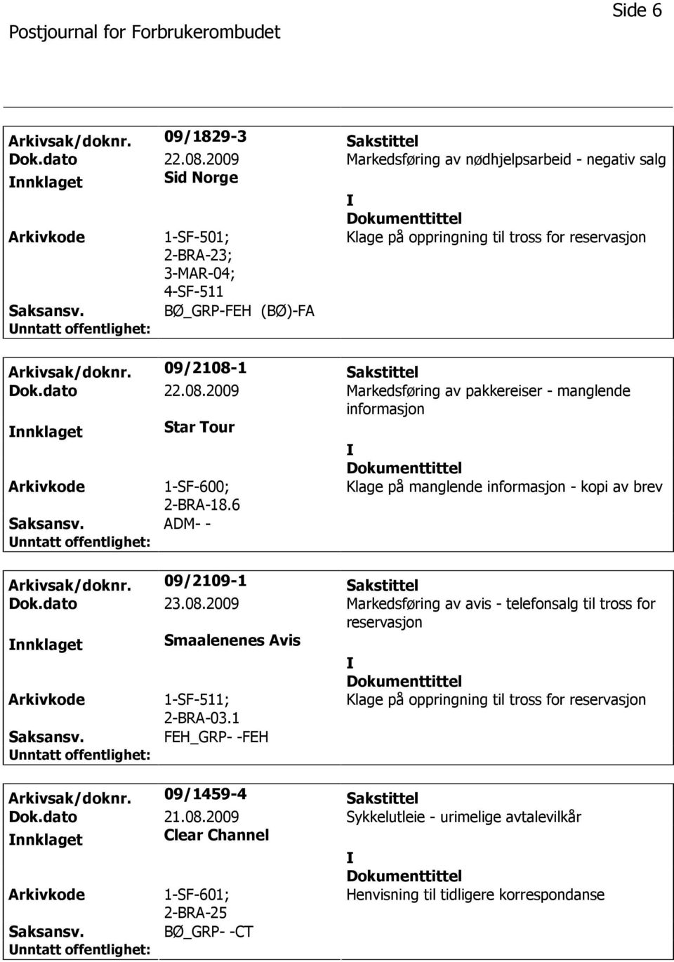 09/2108-1 Sakstittel Dok.dato 22.08.2009 Markedsføring av pakkereiser - manglende informasjon nnklaget Star Tour 1-SF-600; 2-BRA-18.6 Klage på manglende informasjon - kopi av brev Arkivsak/doknr.