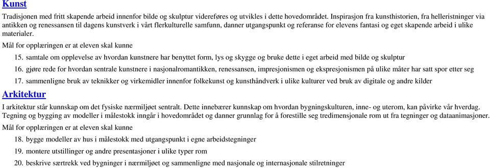 skapende arbeid i ulike materialer. 15. samtale om opplevelse av hvordan kunstnere har benyttet form, lys og skygge og bruke dette i eget arbeid med bilde og skulptur 16.