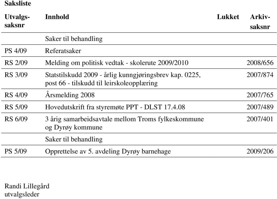 0225, post 66 - tilskudd til leirskoleopplæring 2007/874 RS 4/09 Årsmelding 2008 2007/765 RS 5/09 Hovedutskrift fra styremøte PPT - DLST 17.