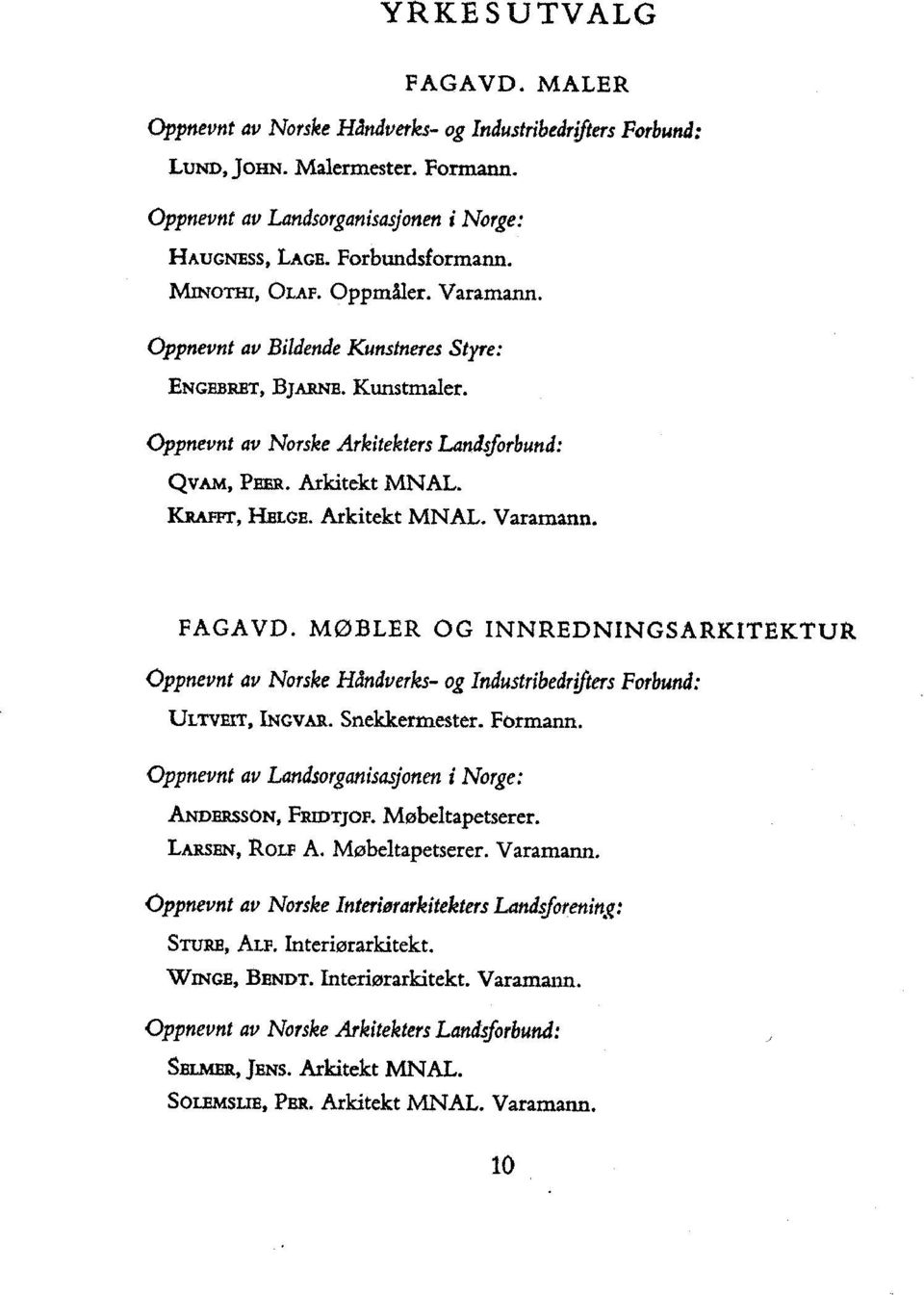 Varamann. KRAFFr, FAGAVD. MØBLER OG INNREDNINGSARKITEKTUR Cppnevnt av Norske Håndverks- og Industribedrifters Forbund: Urrvarr, INGvAR. Snekkermester. Formann.