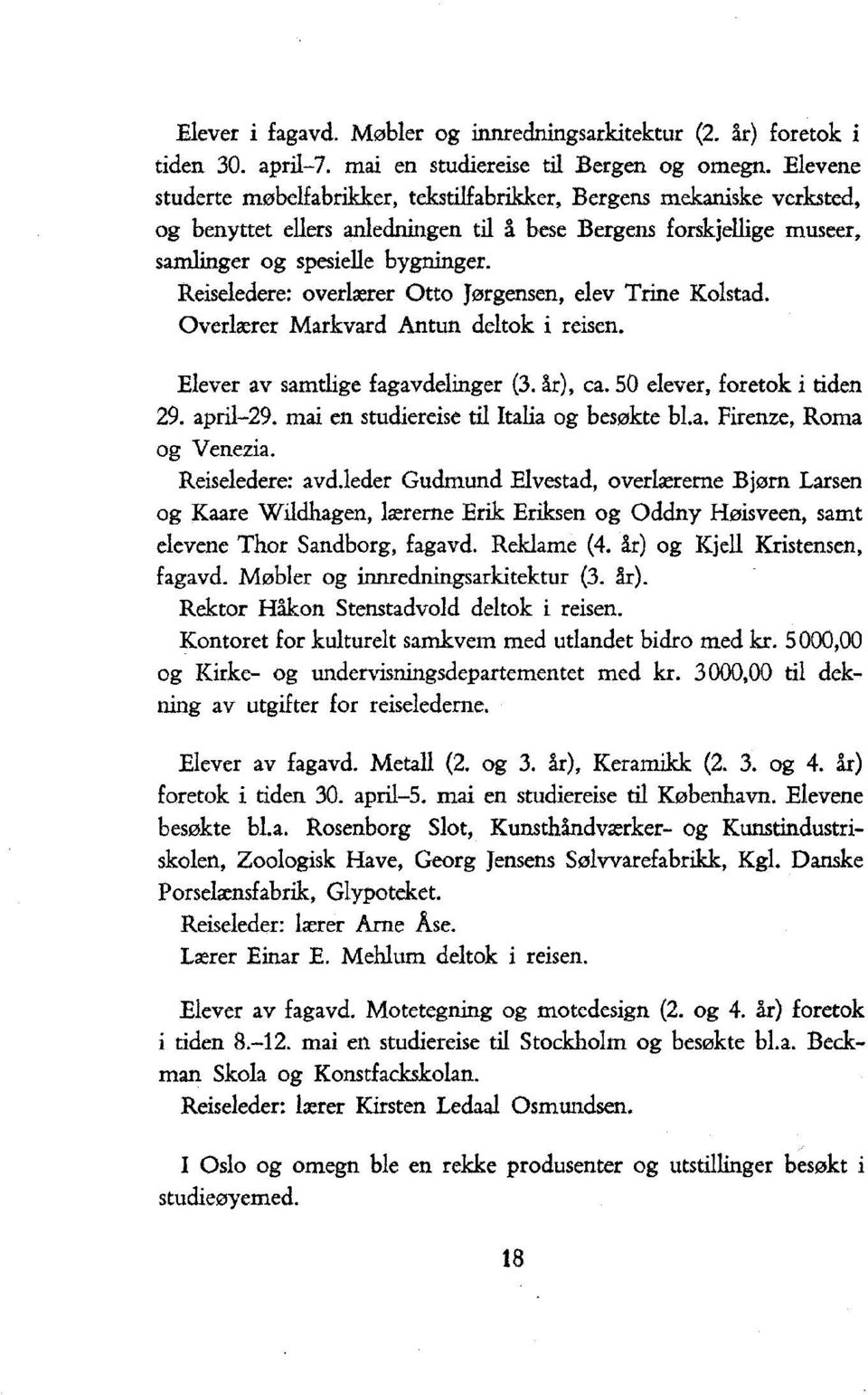 Reiseledere: overlærer Otto Jørgensen, elev Trine Kolstad. Overlærer Markvard Antun deltok i reisen. Elever av samtlige fagavdelinger (3. år), ca. 50 elever, foretok i tiden 29. april-29.