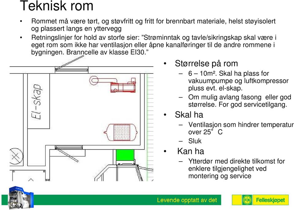 Branncelle av klasse EI30. Størrelse på rom 6 10m². Skal ha plass for vakuumpumpe og luftkompressor pluss evt. el-skap.