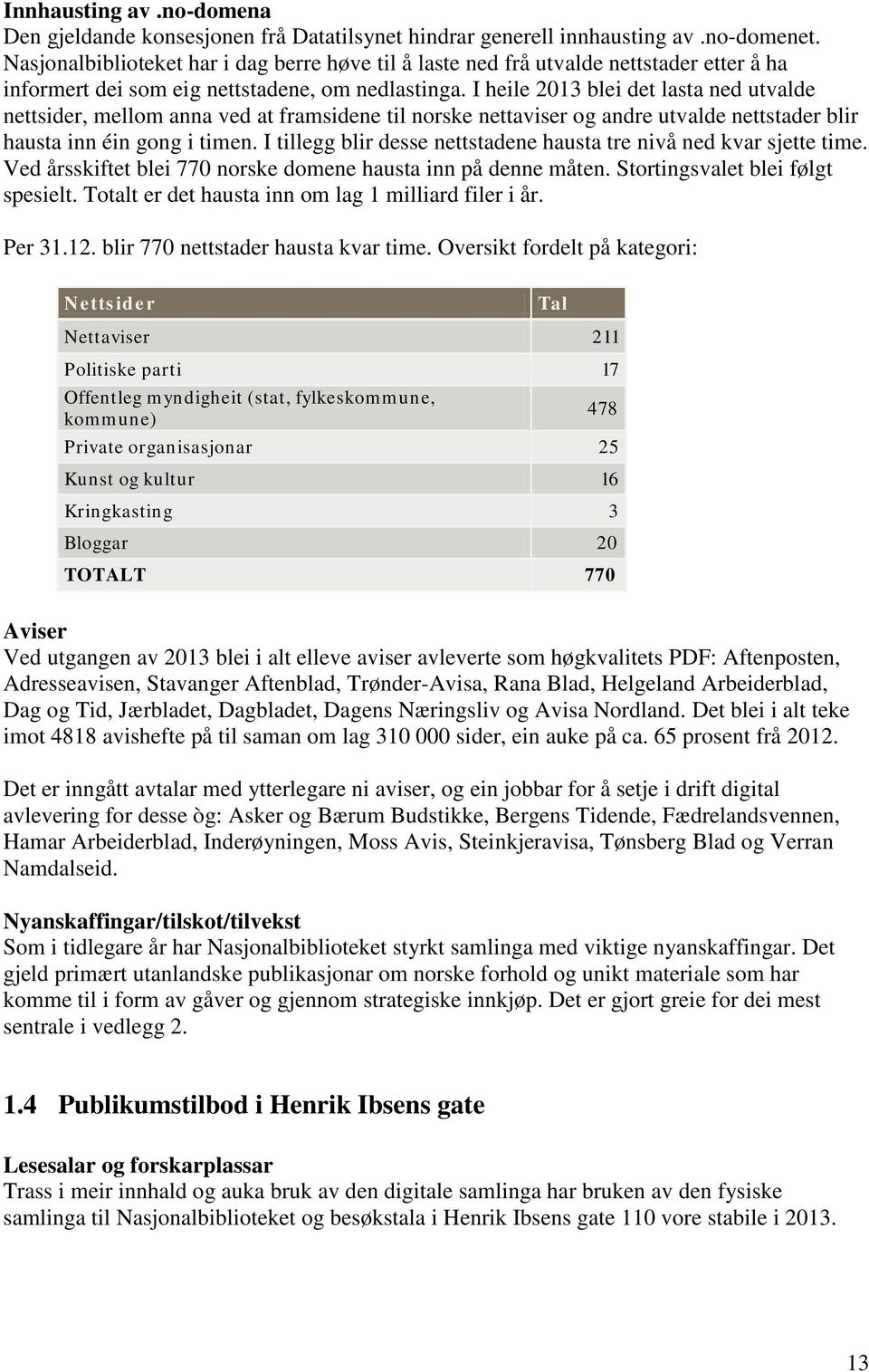 I heile 2013 blei det lasta ned utvalde nettsider, mellom anna ved at framsidene til norske nettaviser og andre utvalde nettstader blir hausta inn éin gong i timen.