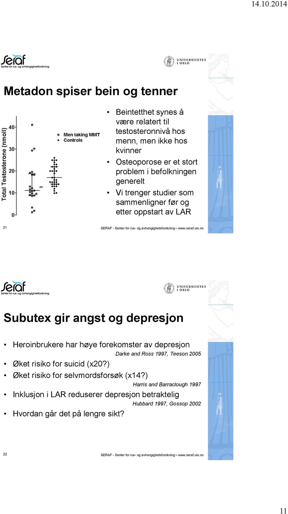 no Subutex gir angst og depresjon Heroinbrukere har høye forekomster av depresjon Darke and Ross 1997, Teeson 2005 Øket risiko for suicid (x20?