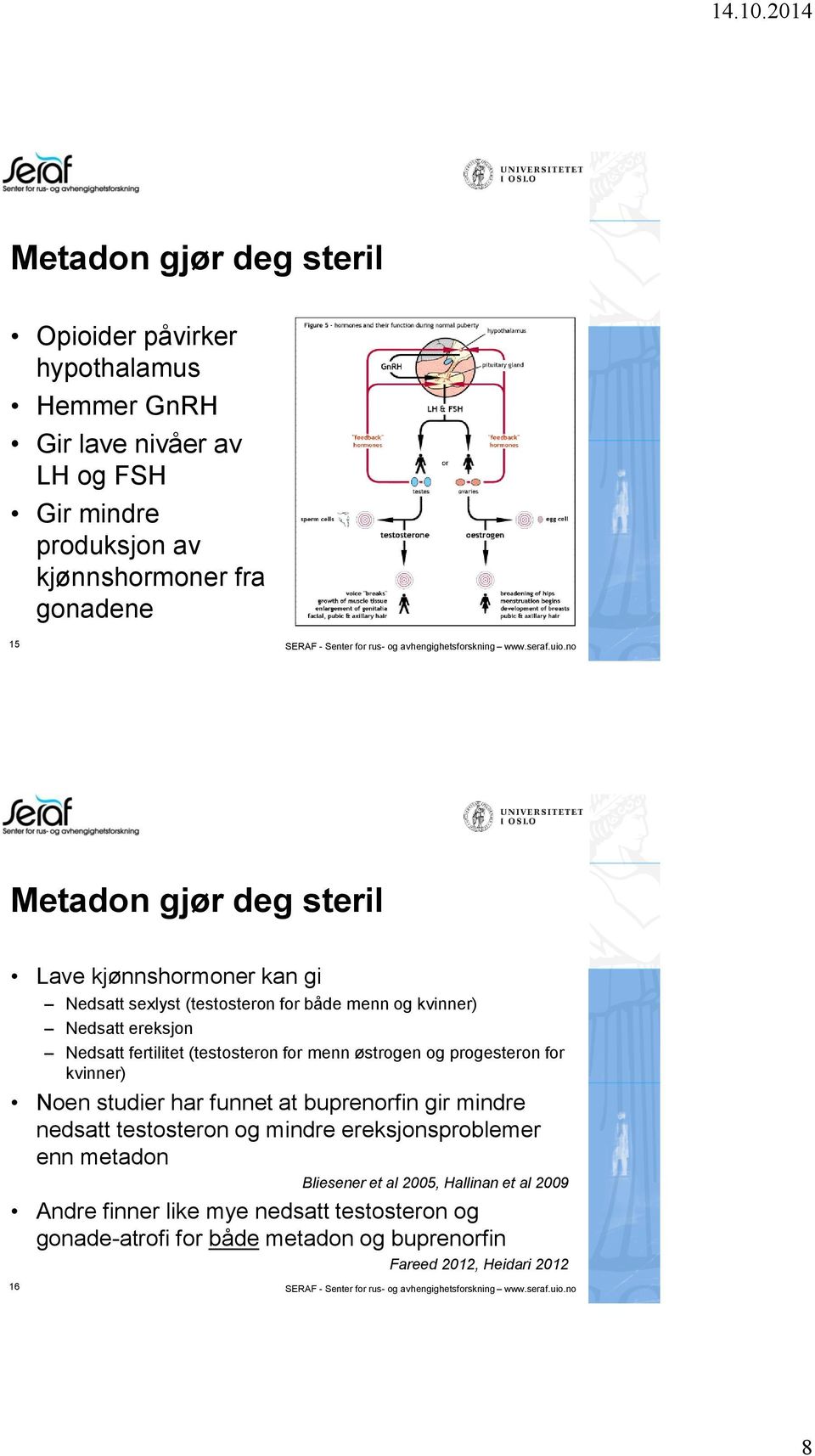 no Metadon gjør deg steril Lave kjønnshormoner kan gi Nedsatt sexlyst (testosteron for både menn og kvinner) Nedsatt ereksjon Nedsatt fertilitet (testosteron for menn østrogen og