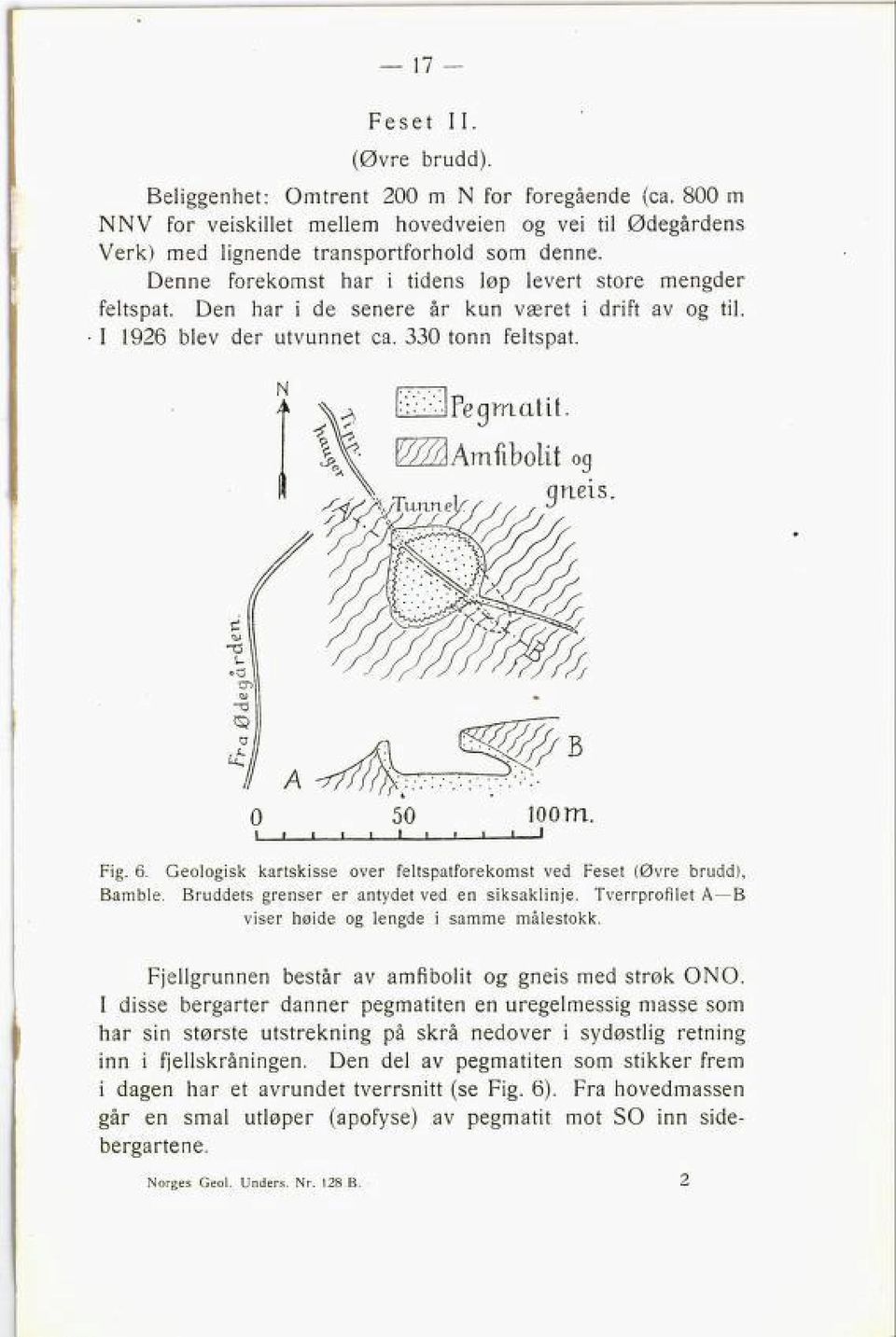 l\- E22Amfibolit og W. A. gnei Fig. 6. Geologisk kartskisse over feltspatforekomst ved Feset (Øvre brudd), Bamble. Bruddets grenser er antydet ved en siksaklinje.