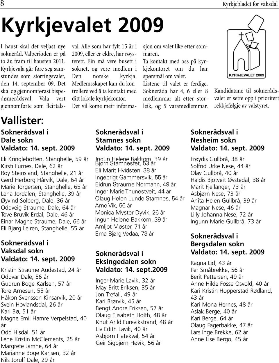 39 år Øyvind Solberg, Dale, 36 år Oddveig Straume, Dale, 64 år Tove Bruvik Erdal, Dale, 46 år Einar Magne Straume, Dale, 66 år Eli Bjørg Leiren, Stanghelle, 55 år Soknerådsval i Vaksdal sokn Valdato: