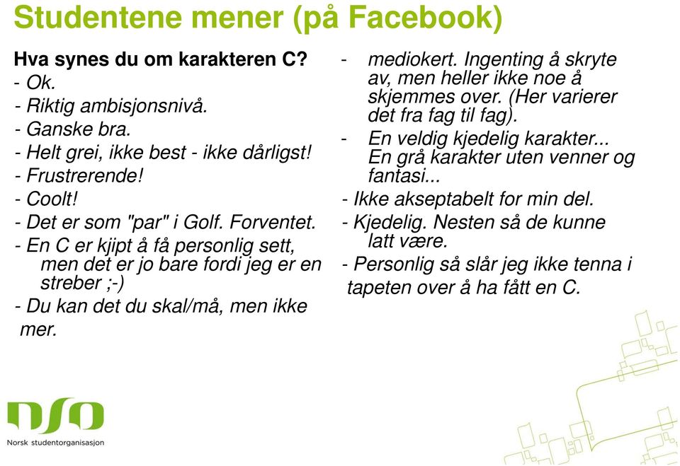 En grå karakter uten venner og - Frustrerende! fantasi... - Coolt! - Ikke akseptabelt for min del. - Det er som "par" i Golf. Forventet. - Kjedelig.