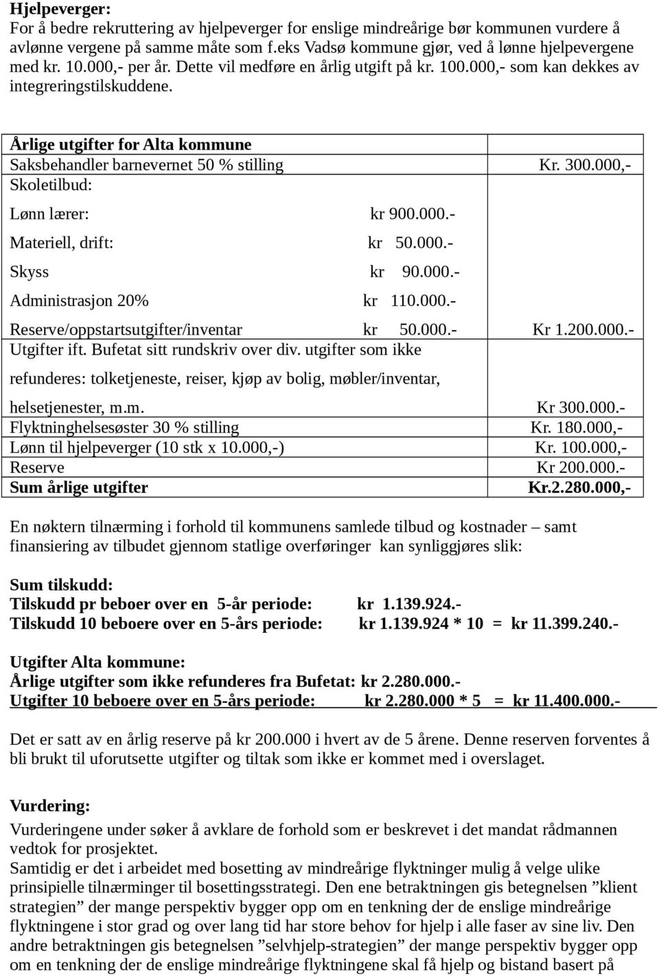 000,- Skoletilbud: Lønn lærer: kr 900.000.- Materiell, drift: kr 50.000.- Skyss kr 90.000.- Administrasjon 20% kr 110.000.- Reserve/oppstartsutgifter/inventar kr 50.000.- Kr 1.200.000.- Utgifter ift.