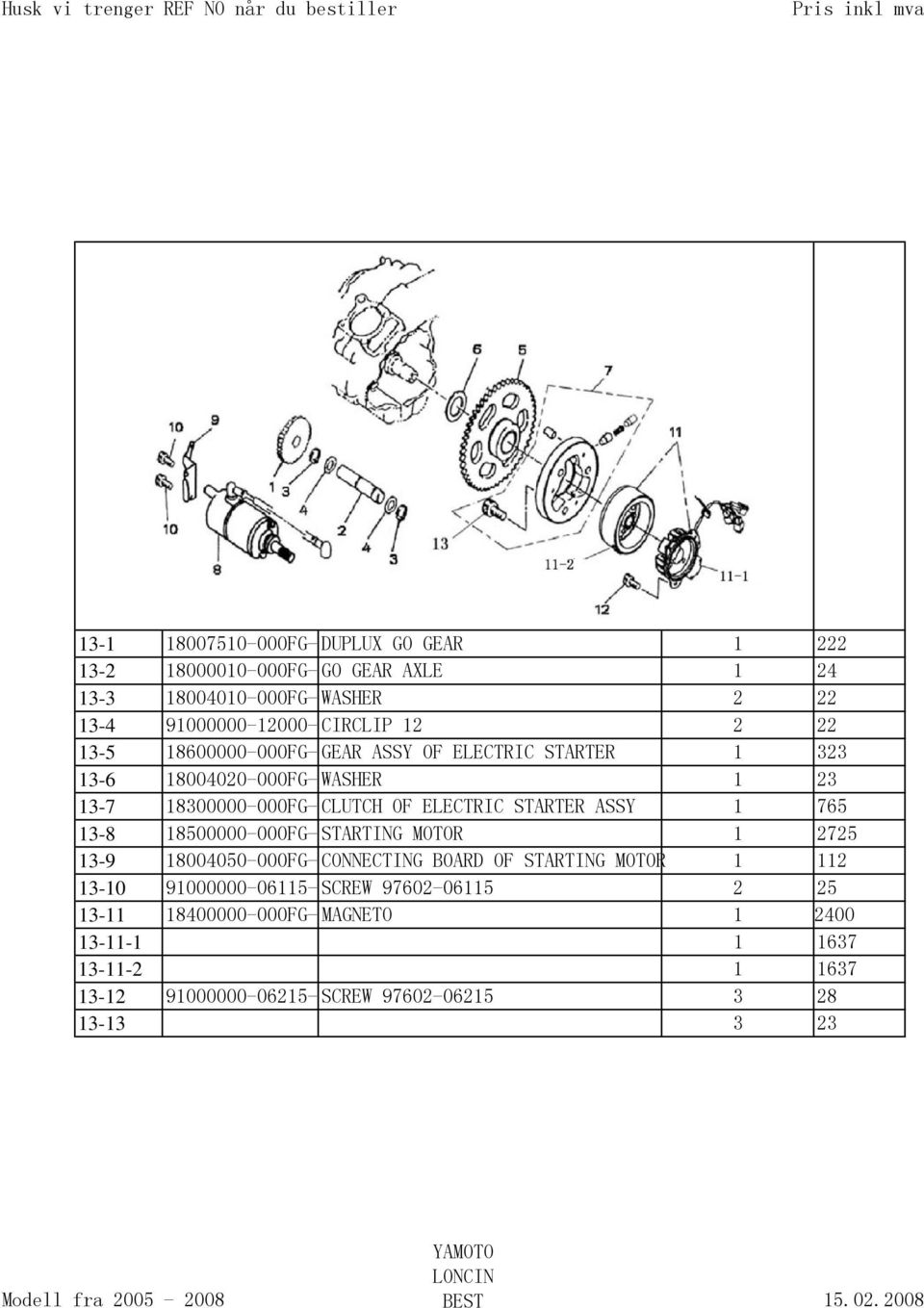 ELECTRIC STARTER ASSY 1 765 13-8 18500000-000FG- STARTING MOTOR 1 2725 13-9 18004050-000FG- CONNECTING BOARD OF STARTING MOTOR 1 112 13-10