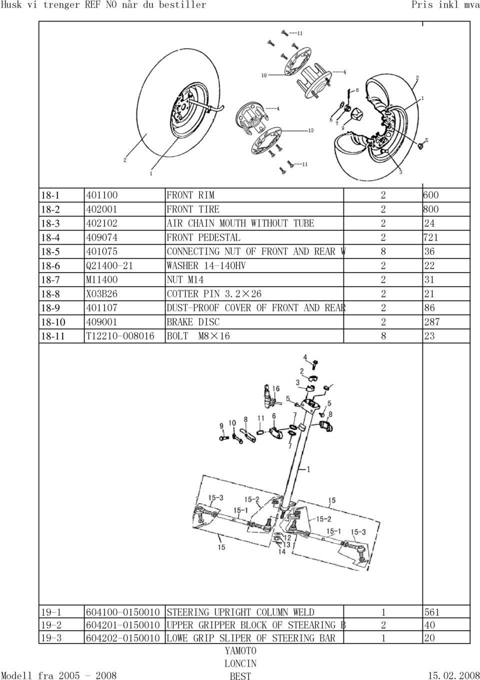 2 26 2 21 18-9 401107 DUST-PROOF COVER OF FRONT AND REAR 2 86 18-10 409001 BRAKE DISC 2 287 18-11 T12210-008016 BOLT M8 16 8 23 19-1