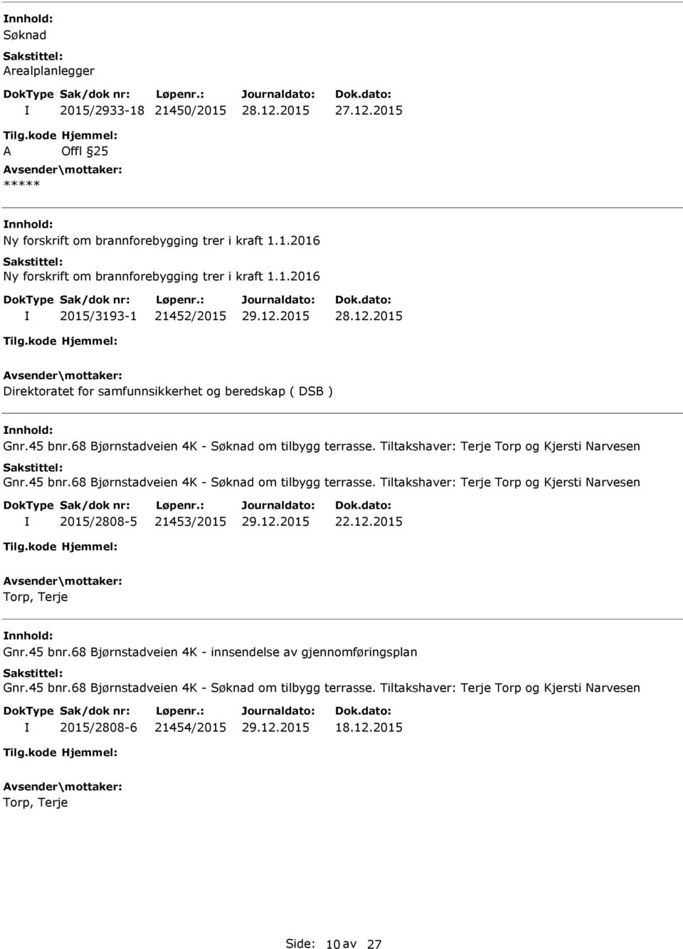 Tiltakshaver: Terje Torp og Kjersti Narvesen Gnr.45 bnr.68 Bjørnstadveien 4K - om tilbygg terrasse. Tiltakshaver: Terje Torp og Kjersti Narvesen 2015/2808-5 21453/2015 22.12.