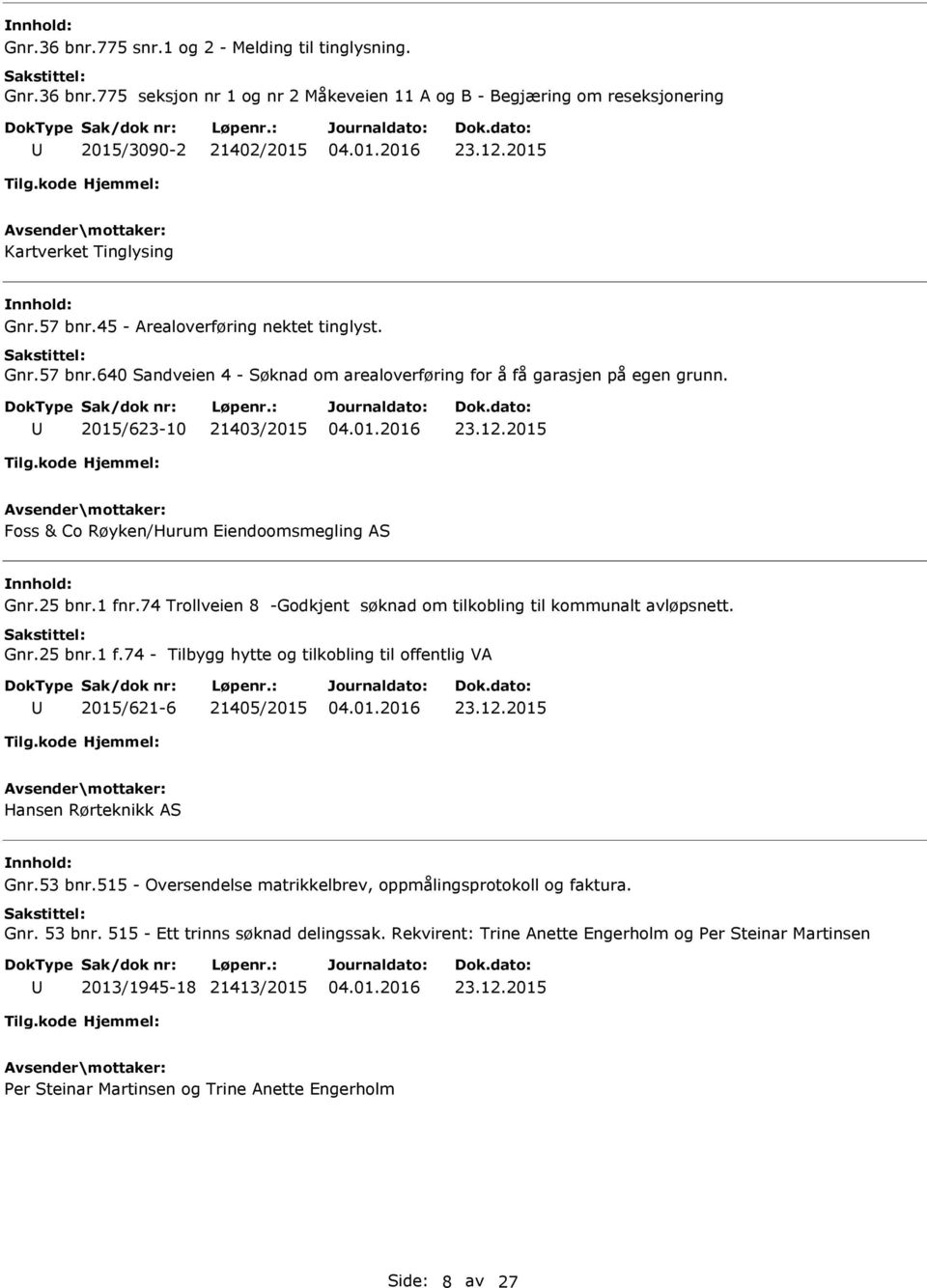 2015 Foss & Co Røyken/Hurum Eiendoomsmegling S Gnr.25 bnr.1 fnr.74 Trollveien 8 -Godkjent søknad om tilkobling til kommunalt avløpsnett. Gnr.25 bnr.1 f.74 - Tilbygg hytte og tilkobling til offentlig V 2015/621-6 21405/2015 23.