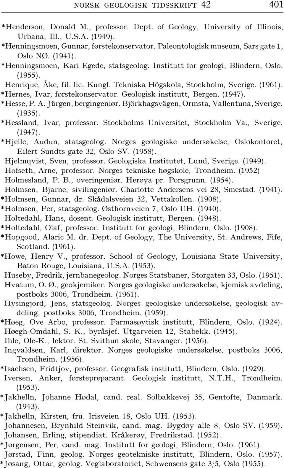 Tekniska Hogskola, Stockholm, Sverige. (1961). *Hernes, Ivar, førstekonservator. Geologisk institutt, Bergen. (1947). *Hesse, P. A. Jiirgen, bergingeniør. Bjorkhagsvagen, Ormsta, Vallentuna, Sverige.