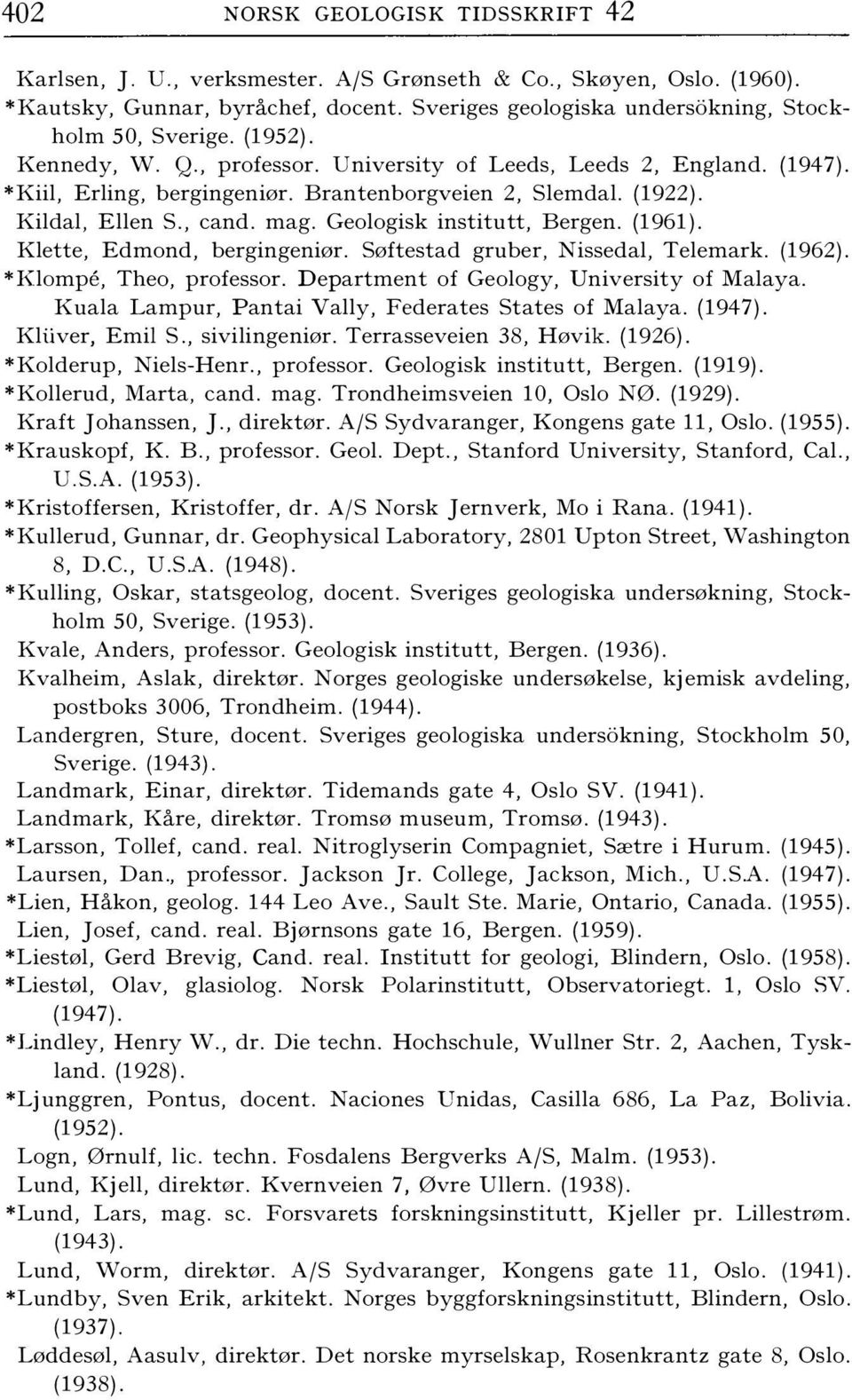 Geologisk institutt, Bergen. (1961). Klette, Edmond, bergingeniør. Søftestad gruber, Nissedal, Telemark. (1962). *Klampe, Theo, professor. Department of Geology, University of Malaya.