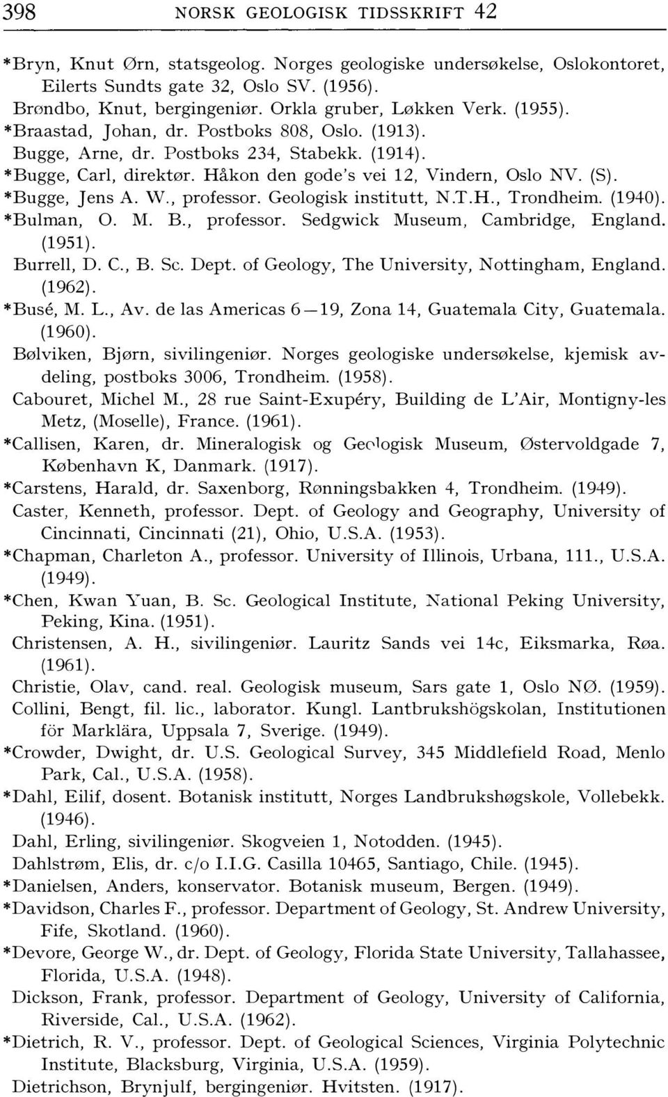(S). *Bugge, Jens A. W., professor. Geologisk institutt, N.T.H., Trondheim. (1940). *Bulman, O. M. B., professor. Sedgwick Museum, Cambridge, England. (1951). Burrell, D. C., B. Se. Dept.