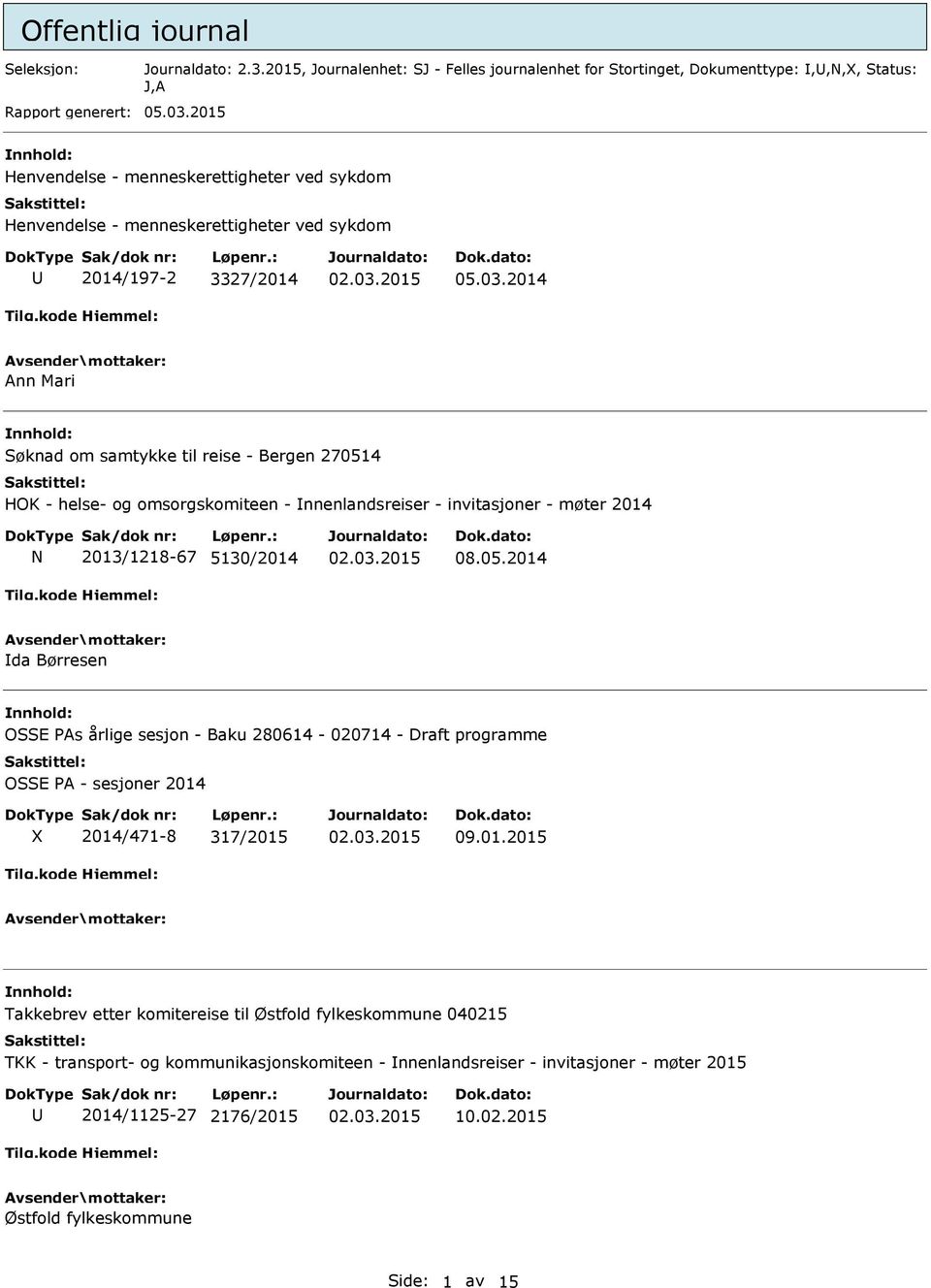 2014 Ann Mari Søknad om samtykke til reise - Bergen 270514 HOK - helse- og omsorgskomiteen - nnenlandsreiser - invitasjoner - møter 2014 N 2013/1218-67 5130/2014 08.05.2014 da Børresen OSSE PAs årlige sesjon - Baku 280614-020714 - Draft programme OSSE PA - sesjoner 2014 2014/471-8 317/2015 09.