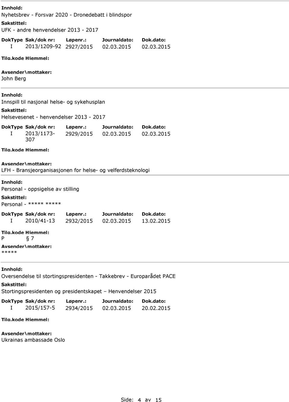 : 2929/2015 LFH - Bransjeorganisasjonen for helse- og velferdsteknologi Personal - oppsigelse av stilling Personal - ***** ***** P 2010/41-13