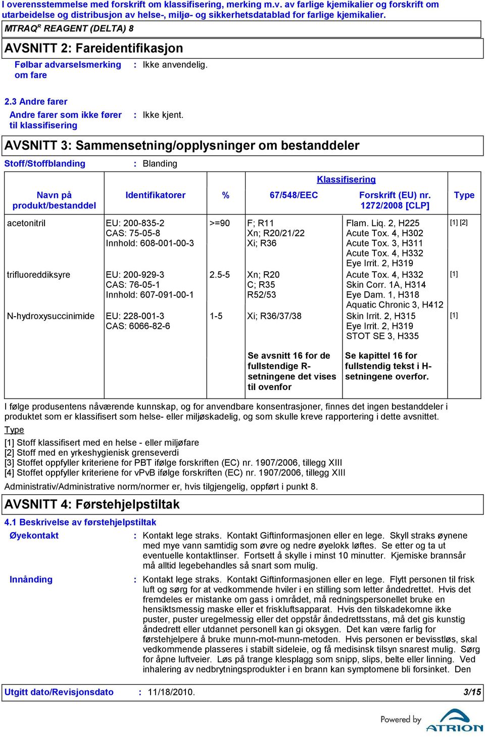 3 Andre farer Andre farer som ikke fører til klassifisering Stoff/Stoffblanding Navn på produkt/bestanddel AVSNITT 3 Sammensetning/opplysninger om bestanddeler Blanding Identifikatorer Klassifisering