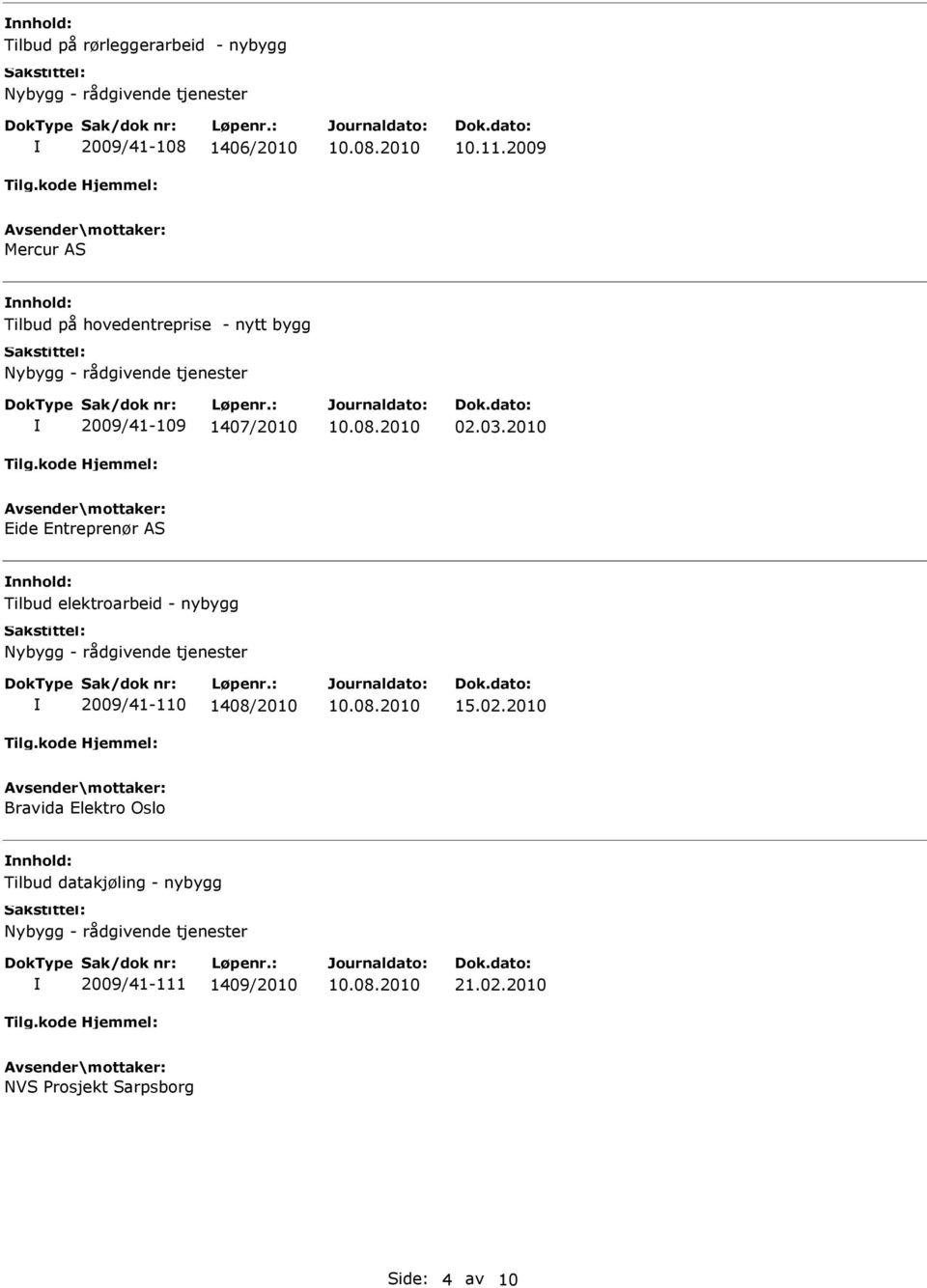 2010 Eide Entreprenør AS Tilbud elektroarbeid - nybygg Nybygg - rådgivende tjenester 2009/41-110 1408/2010 15.02.