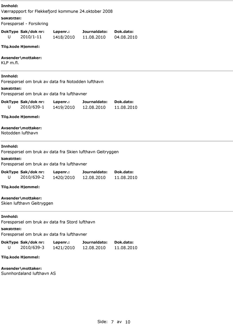 Forespørsel om bruk av data fra Skien lufthavn Geitryggen Forespørsel om bruk av data fra lufthavner 2010/639-2 1420/2010 Skien lufthavn