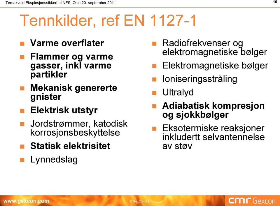 genererte gnister Elektrisk utstyr Jordstrømmer, katodisk korrosjonsbeskyttelse Statisk elektrisitet Lynnedslag