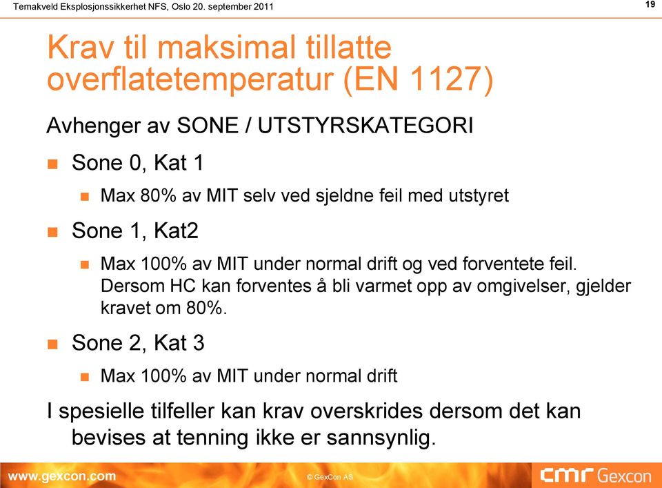 80% av MIT selv ved sjeldne feil med utstyret Sone 1, Kat2 Max 100% av MIT under normal drift og ved forventete feil.