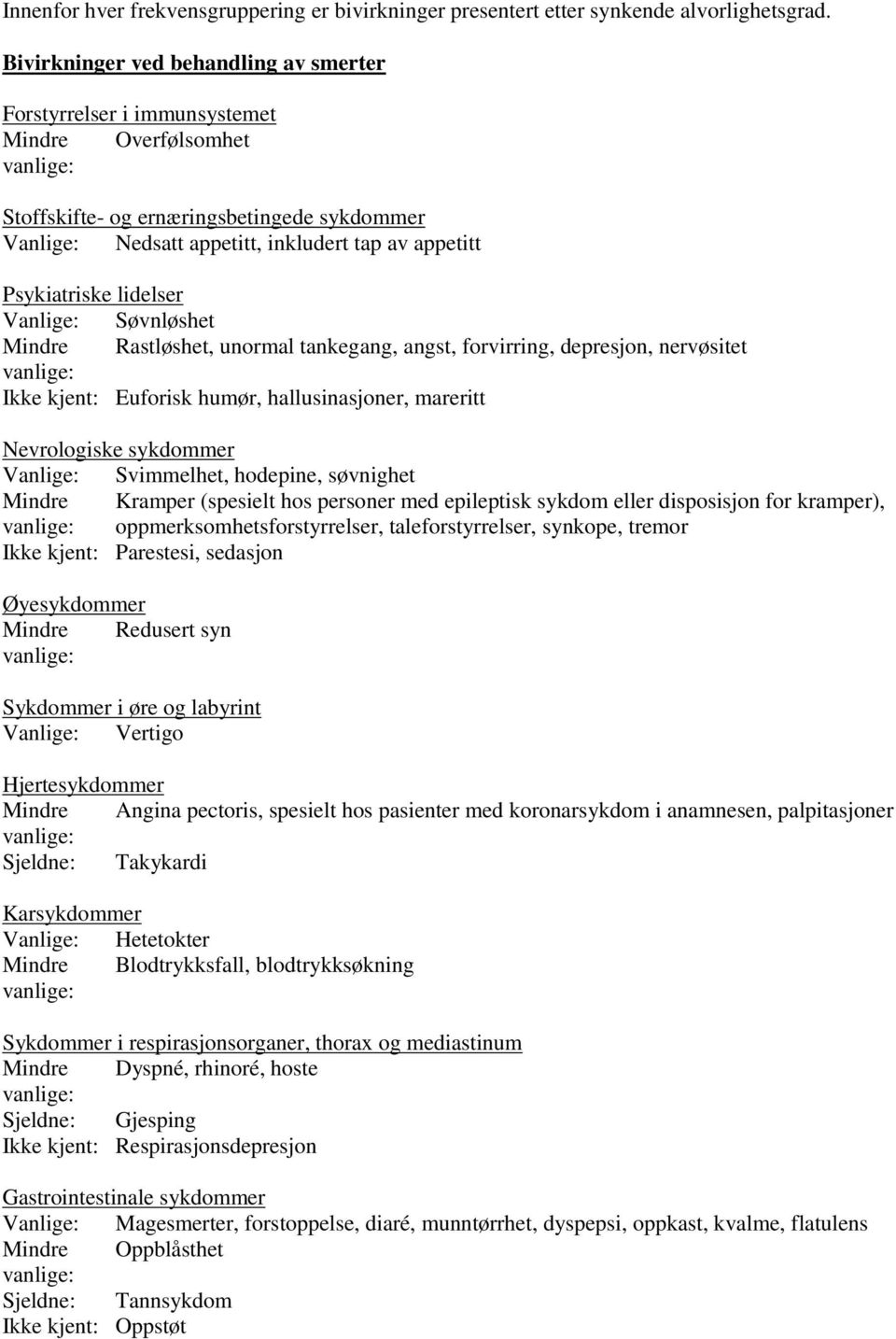 Psykiatriske lidelser Vanlige: Søvnløshet Mindre Rastløshet, unormal tankegang, angst, forvirring, depresjon, nervøsitet Ikke kjent: Euforisk humør, hallusinasjoner, mareritt Nevrologiske sykdommer