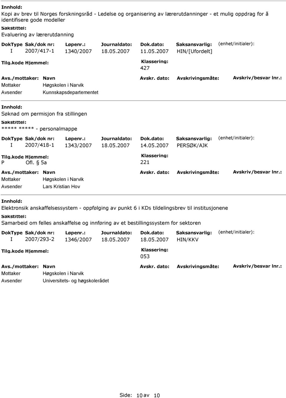 2007 HN/[fordelt] 427 Kunnskapsdepartementet øknad om permisjon fra stillingen ***** ***** - personalmappe 2007/418-1 1343/2007 ERØK/AJK Lars