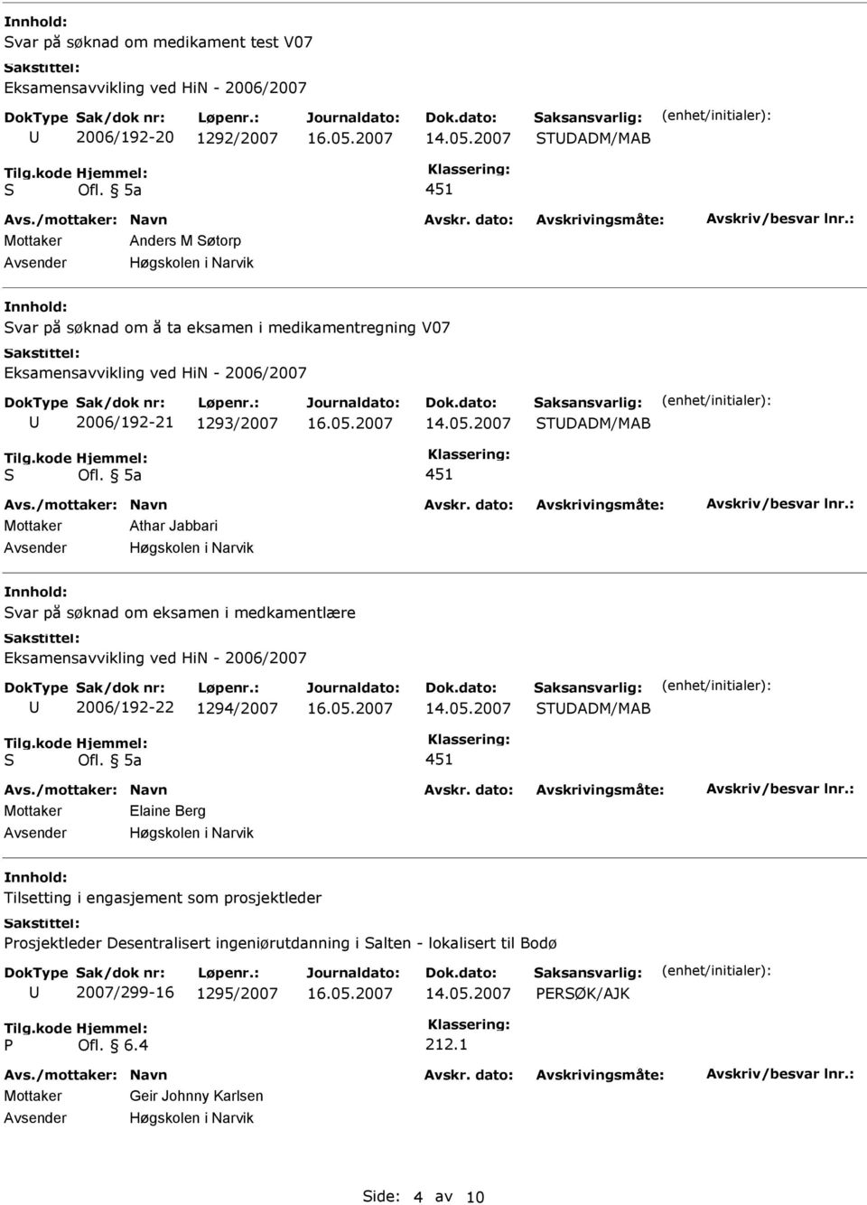 2006/192-22 1294/2007 TDADM/MAB Mottaker Elaine Berg Tilsetting i engasjement som prosjektleder rosjektleder Desentralisert