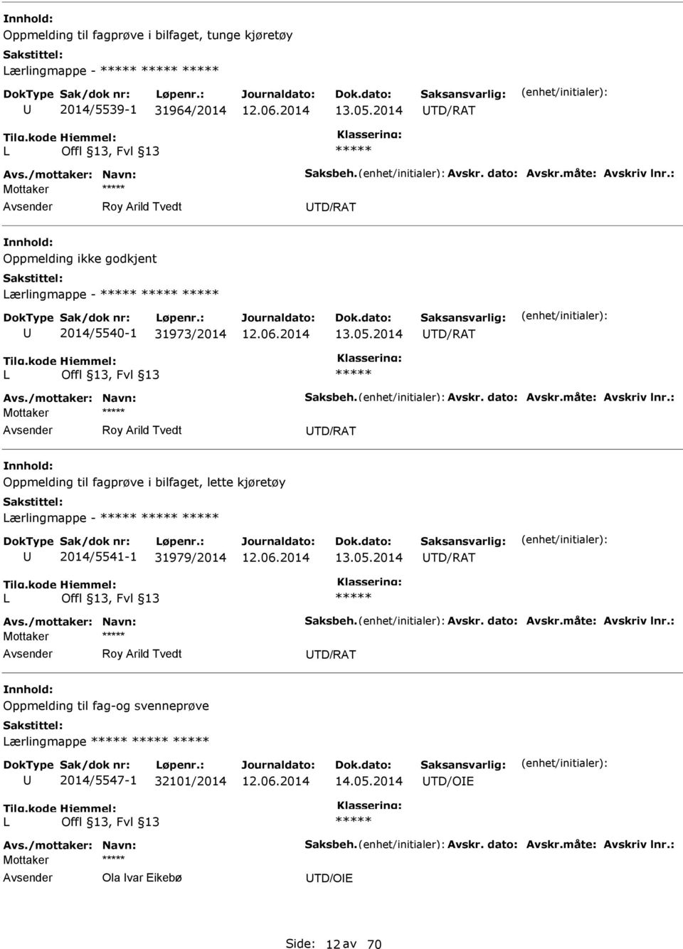 : Mottaker Roy Arild Tvedt TD/RAT Oppmelding til fagprøve i bilfaget, lette kjøretøy Lærlingmappe - 2014/5541-1 31979/2014 13.05.2014 TD/RAT L Avs./mottaker: Navn: Saksbeh. Avskr. dato: Avskr.