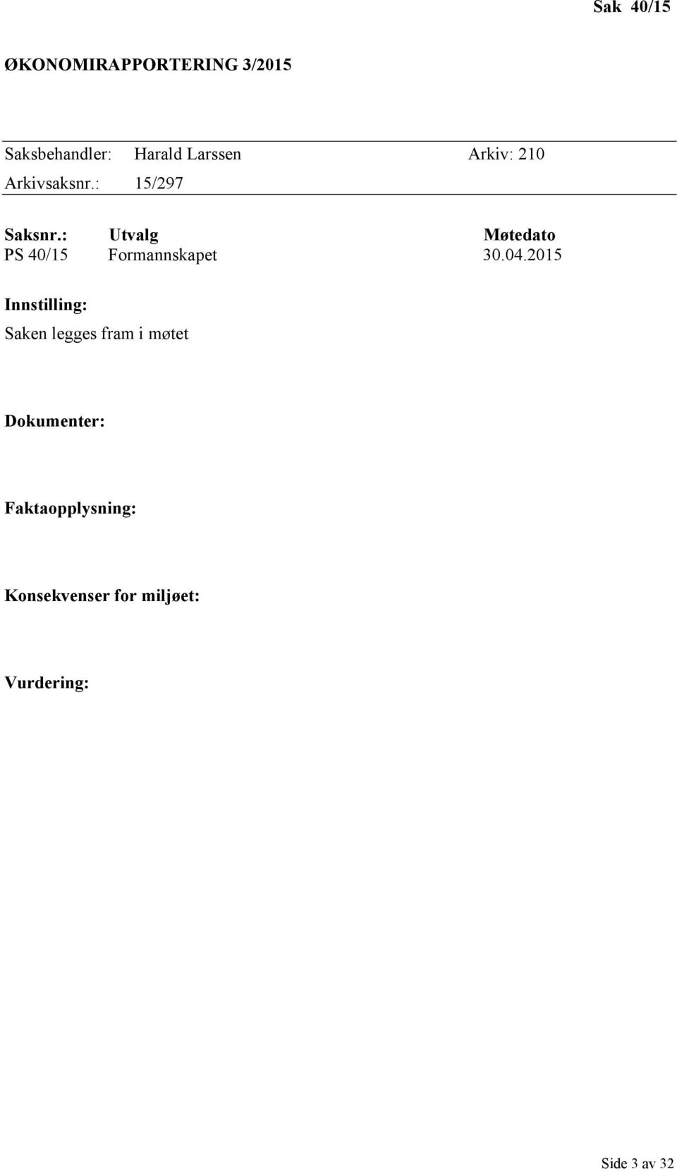 : Utvalg Møtedato PS 40/15 Formannskapet 30.04.