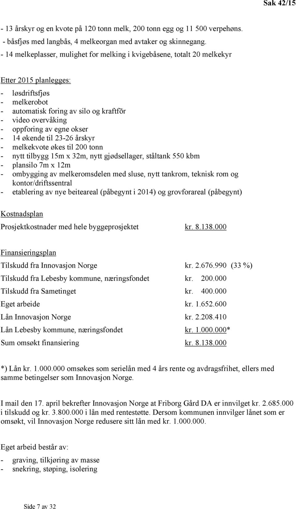 egne okser - 14 økende til 23-26 årskyr - melkekvote økes til 200 tonn - nytt tilbygg 15m x 32m, nytt gjødsellager, ståltank 550 kbm - plansilo 7m x 12m - ombygging av melkeromsdelen med sluse, nytt