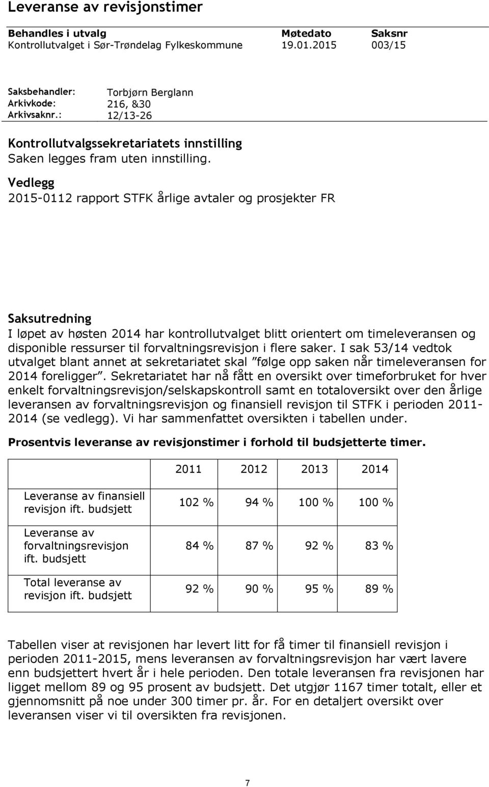 Vedlegg 2015-0112 rapport STFK årlige avtaler og prosjekter FR Saksutredning I løpet av høsten 2014 har kontrollutvalget blitt orientert om timeleveransen og disponible ressurser til