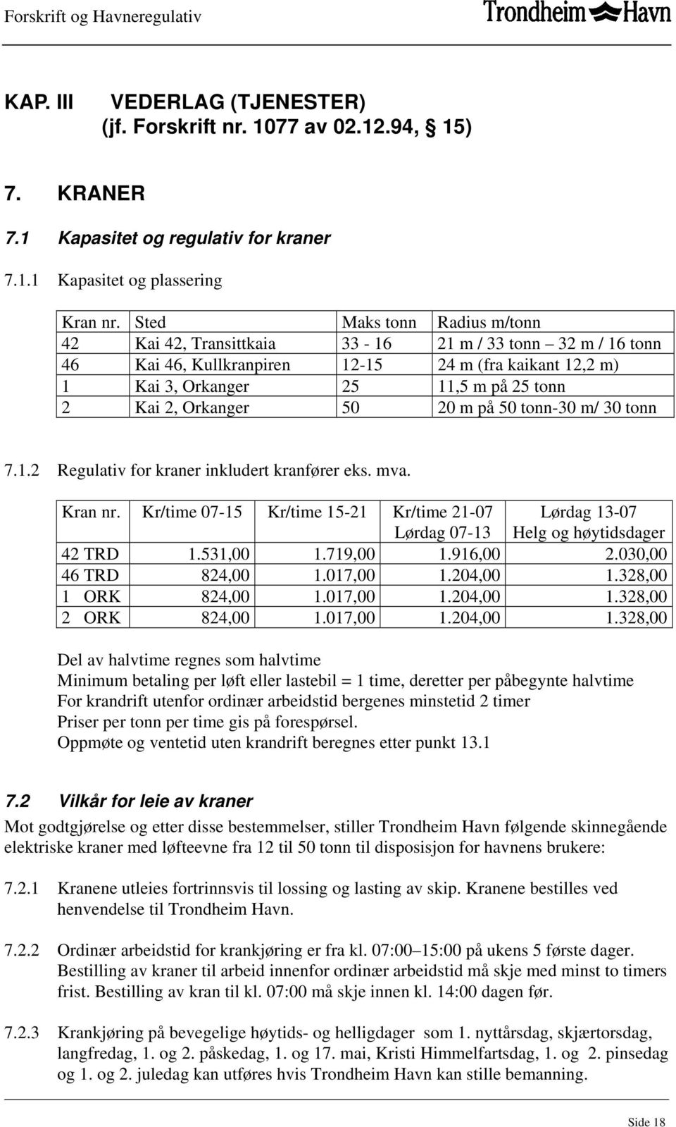 Orkanger 50 20 m på 50 tonn-30 m/ 30 tonn 7.1.2 Regulativ for kraner inkludert kranfører eks. mva. Kran nr.