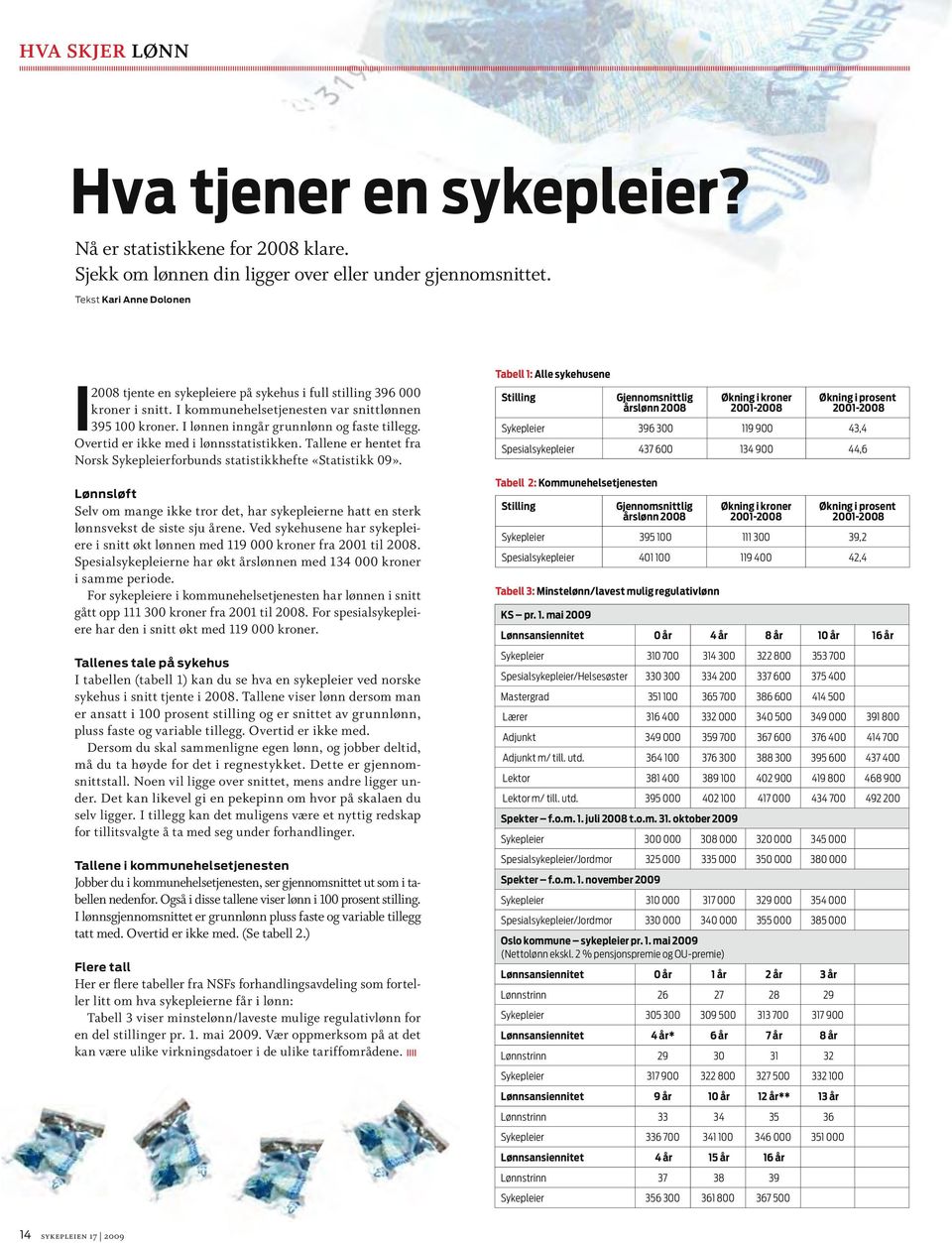 I lønnen inngår grunnlønn og faste tillegg. Overtid er ikke med i lønnsstatistikken. Tallene er hentet fra Norsk Sykepleierforbunds statistikkhefte «Statistikk 09».