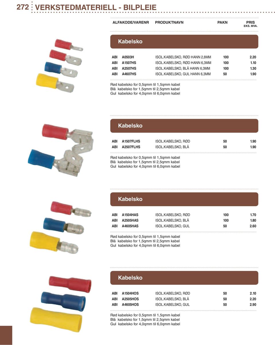 90 Rød kabelsko for 0,5qmm til 1,5qmm kabel Blå kabelsko for 1,5qmm til 2,5qmm kabel Gul kabelsko for 4,0qmm til 6,0qmm kabel Kabelsko ABI A1507FLHS ISOL.KABELSKO, RØD 50 1.90 ABI A2507FLHS ISOL.