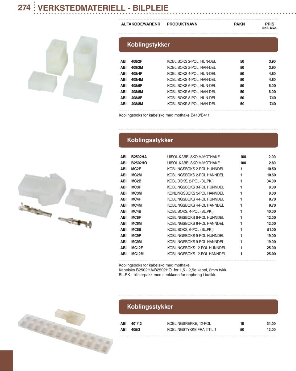 BOKS 8-POL, HAN-DEL 50 7.40 Koblingsboks for kabelsko med mothake B410/B411 Koblingsstykker ABI B2502HA UISOL.KABELSKO M/MOTHAKE 100 2.00 ABI B2502HO UISOL.KABELSKO M/MOTHAKE 100 2.80 ABI MC2F KOBLINGSBOKS 2-POL HUNNDEL 1 10.