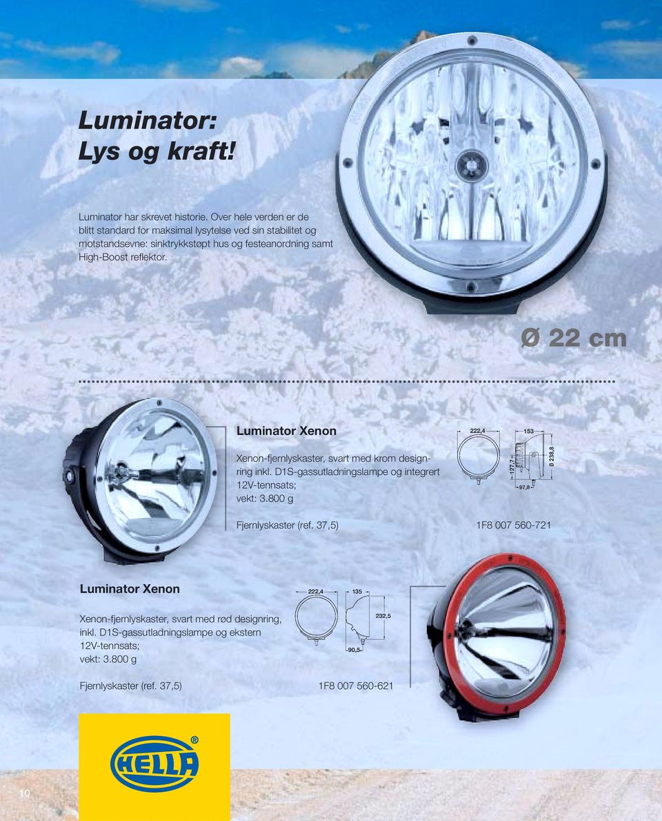 High-Boost refl ektor. Ø 22 cm Luminator Xenon Xenon-fjernlyskaster, svart med krom designring inkl.