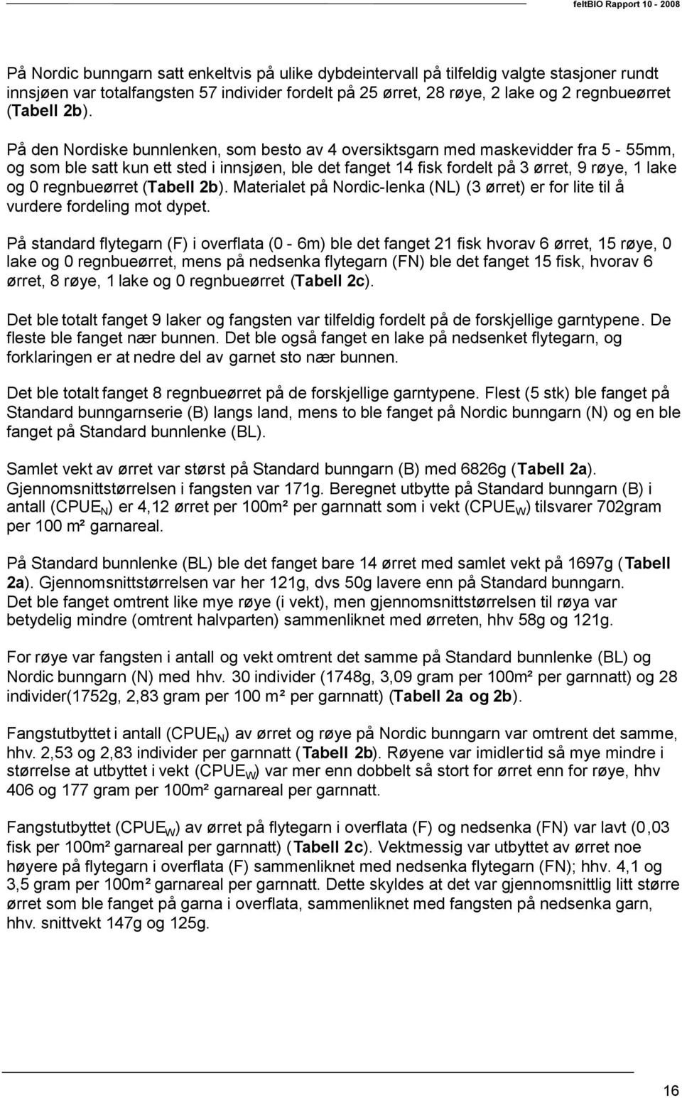 På den Nordiske bunnlenken, som besto av 4 oversiktsgarn med maskevidder fra 5-55mm, og som ble satt kun ett sted i innsjøen, ble det fanget 4 fisk fordelt på 3 ørret, 9 røye, lake og  Materialet på