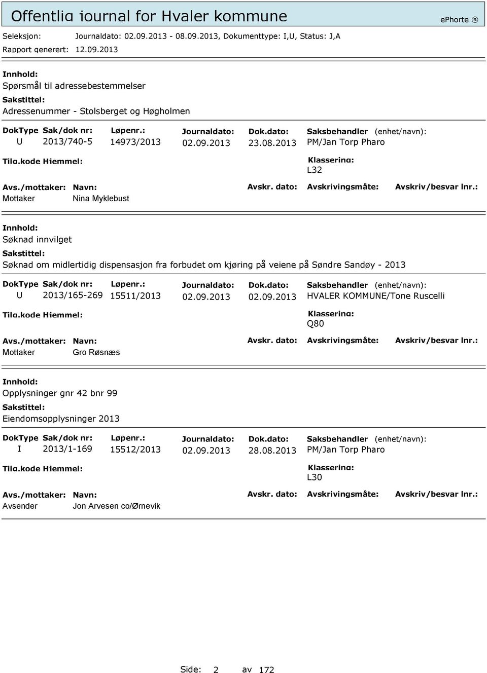 08.2013 PM/Jan Torp Pharo L32 Mottaker Nina Myklebust Søknad innvilget Søknad om midlertidig dispensasjon fra forbudet om kjøring på