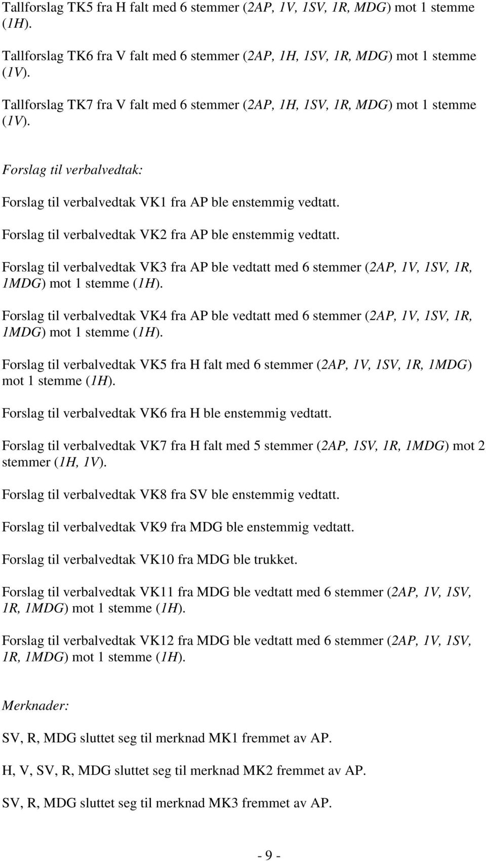 Forslag til verbalvedtak VK2 fra AP ble enstemmig vedtatt. Forslag til verbalvedtak VK3 fra AP ble vedtatt med 6 stemmer (2AP, 1V, 1SV, 1R, 1MDG) mot 1 stemme (1H).